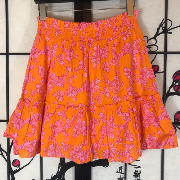 J. Crew Factory Dresses & Skirts - 🐬 J.Crew Ruffle Smocked Waist Lined Floral Orange Skirt